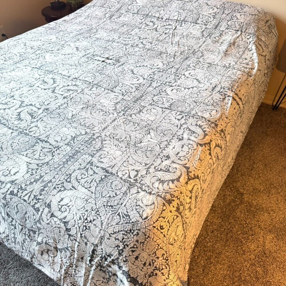 Crate And Barrel King Duvet Cover Linley Charcoal Gray Damask Cotton Linen EUC
